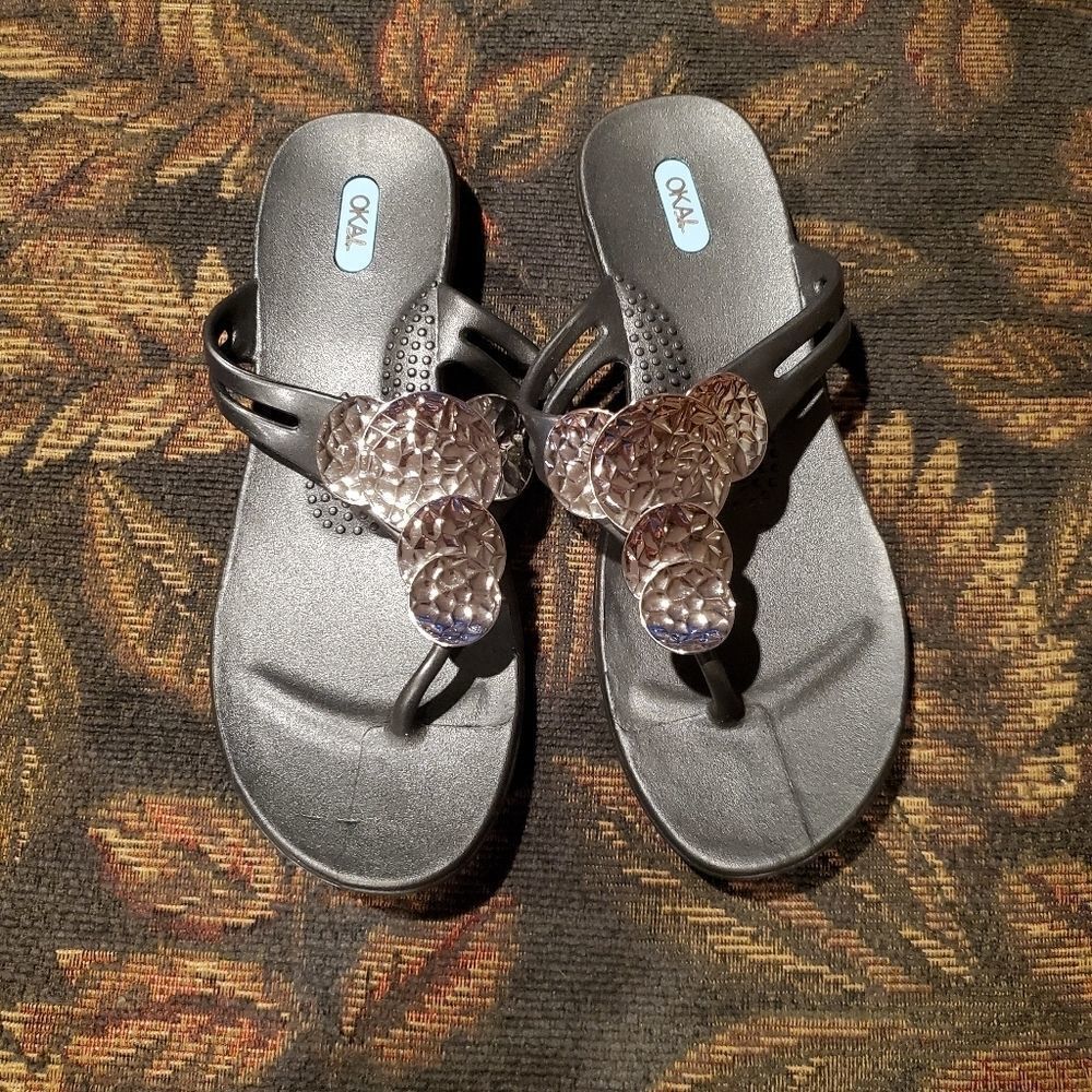 Dark Grey Flip Flops w/ Silver Accents
